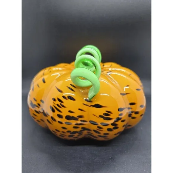 ART GLASS HAND BLOWN PUMPKIN LONG CURLY STEM HALLOWEEN FALL AUTUMN DECOR 7” - Picture 6 of 11